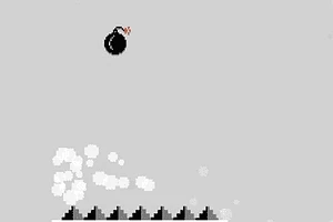 Czarno-biała bomba z lontem unosząca się nad rzędem trójkątnych kolców na szarym tle