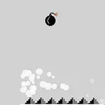 Czarno-biała bomba z lontem unosząca się nad rzędem trójkątnych kolców na szarym tle