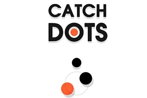 Napis CATCH DOTS nad trzema okręgami w kolorach czarnym i pomarańczowym na białym tle