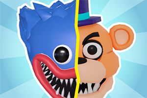 Połączone twarze dwóch postaci: po lewej niebieski stwór z dużymi oczami i ostrymi zębami, a po prawej pomarańczowy miś z cylindrem