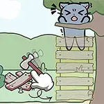 Kot siedzący na drzewie, obok którego znajduje się stos desek i duża ręka wskazująca młotek