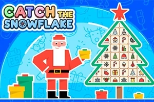 Święty Mikołaj trzymający żółty prezent obok choinki z ozdobionymi kafelkami na niebieskim tle