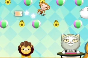 Małpka skacząca pomiędzy kolorowymi piłkami, w otoczeniu radosnych zwierząt i błyszczącej gwiazdy, na tle w romby