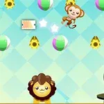 Małpka skacząca pomiędzy kolorowymi piłkami, w otoczeniu radosnych zwierząt i błyszczącej gwiazdy, na tle w romby