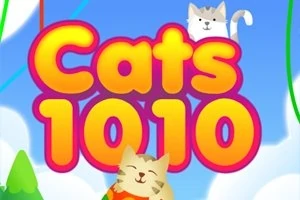 Kolorowy napis Cats 1010 na tle nieba z chmurami, z dwoma uśmiechniętymi kotami u dołu i u góry obrazu
