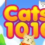Kolorowy napis Cats 1010 na tle nieba z chmurami, z dwoma uśmiechniętymi kotami u dołu i u góry obrazu