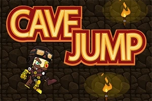 Bohater w hełmie skaczący obok dużego napisu Cave Jump na tle kamiennej ściany z pochodniami