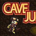 Bohater w hełmie skaczący obok dużego napisu Cave Jump na tle kamiennej ściany z pochodniami