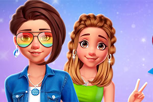 Dwie animowane postacie w kolorowych ubraniach, jedna z tęczowymi okularami, na fioletowym tle