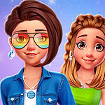 Dwie animowane postacie w kolorowych ubraniach, jedna z tęczowymi okularami, na fioletowym tle