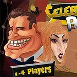 Karykaturalne postacie z dużymi głowami w eleganckich strojach na tle napisu Celebrity Party