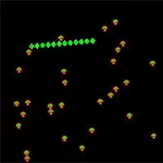 Zielony wąż złożony z segmentów i pomarańczowe grzyby na czarnym tle