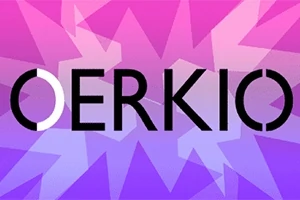 Napis OERKIO na tle różowo-fioletowych kształtów geometrycznych