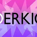 Napis OERKIO na tle różowo-fioletowych kształtów geometrycznych