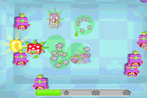 Postacie w kolorowych kapeluszach i wesołe buźki poruszające się po niebieskiej planszy w stylu gry logiczno-zręcznościowej, z elementami monet i zielonym paskiem postępu u dołu