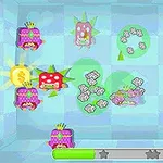 Postacie w kolorowych kapeluszach i wesołe buźki poruszające się po niebieskiej planszy w stylu gry logiczno-zręcznościowej, z elementami monet i zielonym paskiem postępu u dołu