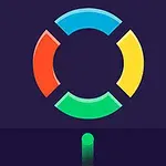 Kolorowy okrąg podzielony na cztery części (czerwony, żółty, zielony, niebieski) na ciemnym tle