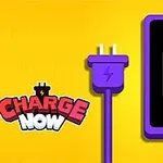 Fioletowy wtyczka i telefon z ikoną rozładowanej baterii na żółtym tle