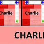 Trzy identyczne panele z czerwonym tłem, siatką, strzałkami i napisem Charlie, poniżej większy napis CHARLIE