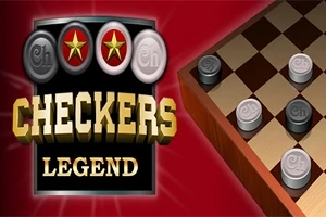 Logo z napisem Checkers Legend oraz fragment planszy do gry w warcaby z kilkoma pionkami