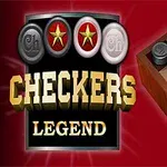 Logo z napisem Checkers Legend oraz fragment planszy do gry w warcaby z kilkoma pionkami
