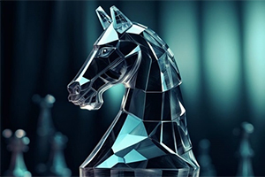 Szklana figura konia w stylu kryształowym na tle rozmytych figur szachowych