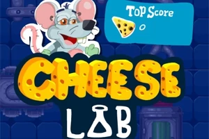 Szczur w okularach, napis Cheese Lab i licznik najwyższego wyniku na niebieskim tle