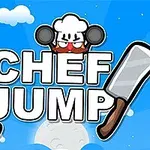 Postać kucharza z kapeluszem i dużymi nożami na tle napisu Chef Jump z chmurami i niebem w tle