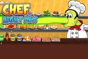 Kreskówkowy kucharz plujący zielonym płynem, z otoczeniem pełnym składników kuchennych i napisami w tle