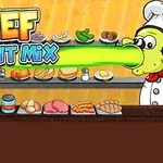 Kreskówkowy kucharz plujący zielonym płynem, z otoczeniem pełnym składników kuchennych i napisami w tle