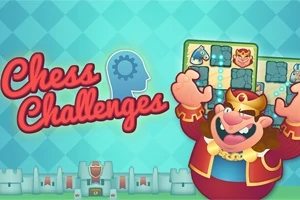Karykaturalna postać króla w czerwonej szacie trzymająca planszę z pionkami na tle zamku z napisem Chess Challenges