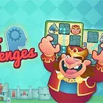 Karykaturalna postać króla w czerwonej szacie trzymająca planszę z pionkami na tle zamku z napisem Chess Challenges