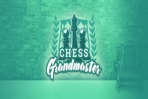 Logo na tle ceglanej ściany z napisem Chess Grandmaster i sylwetkami szachowych figur, obok stoi ozdobny fotel