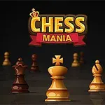 Zestaw złotych i brązowych figur szachowych na ciemnym tle z napisem CHESS MANIA u góry