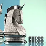 Rzeźba konia szachowego w kształcie rycerza, z białą poświatą, na jasnym tle z napisem CHESS MASTER