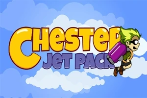 Napis Chester Jet Pack na tle nieba z chmurami oraz postać z zielonymi włosami i plecakiem odrzutowym