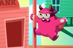 Różowy stwór z rogami i plecakiem przeskakuje obok budynku oznaczonego jako bank w kolorowej scenerii miejskiej