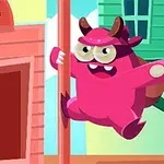 Różowy stwór z rogami i plecakiem przeskakuje obok budynku oznaczonego jako bank w kolorowej scenerii miejskiej