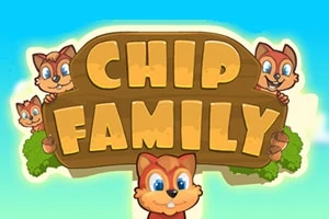 Cztery animowane wiewiórki wokół dużego, drewnianego napisu CHIP FAMILY na tle nieba i drzew