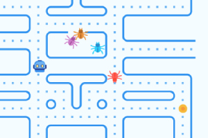 Labirynt z niebieskimi liniami, kolorowymi stworkami i postacią podobną do robota w stylu retro