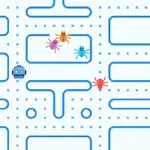 Labirynt z niebieskimi liniami, kolorowymi stworkami i postacią podobną do robota w stylu retro