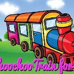 Kolorowy rysunkowy pociąg na tle trawy i drzew z różowym napisem „Choochoo Train for Kids”