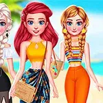 Trzy animowane postacie w letnich strojach stoją na plaży z palmą w tle