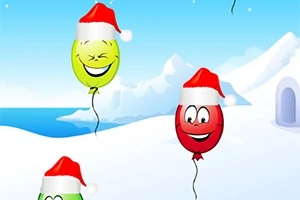 Kolorowe balony z uśmiechniętymi buźkami i czapkami Mikołaja unoszą się na tle zimowego krajobrazu z igloo