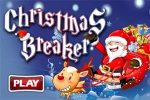 Święty Mikołaj z workiem prezentów na saniach, w towarzystwie uśmiechniętego renifera, z dużym napisem Christmas Breaker na zimowym tle