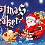 Święty Mikołaj z workiem prezentów na saniach, w towarzystwie uśmiechniętego renifera, z dużym napisem Christmas Breaker na zimowym tle