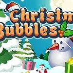 Świąteczna sceneria z bałwanem, prezentami i choinkami pod pełnym księżycem, z napisem Christmas Bubbles