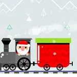 Lokomotywa z czerwonym wagonem prowadzona przez postać w stroju Mikołaja, poruszająca się po torach na tle gór i lasu