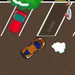 Samochód w kolorze pomarańczowo-niebieskim manewruje na parkingu otoczonym innymi pojazdami, drzewami i latarniami