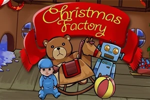 Pluszowy miś, bujany koń, robot, piłka i dziecko w niebieskim ubranku na tle napisu Christmas Factory